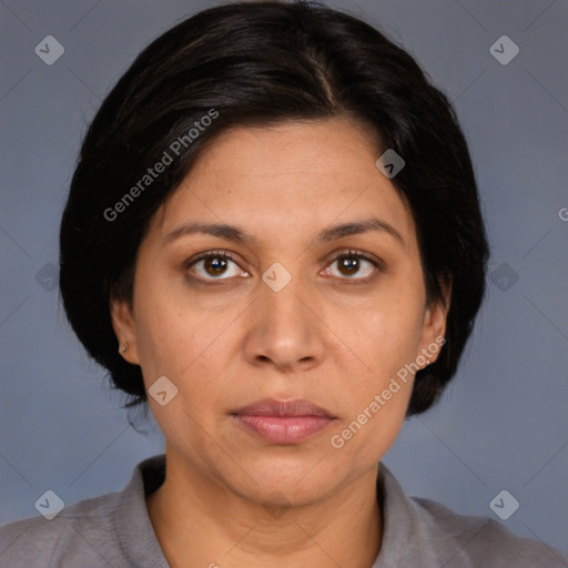 Joyful white adult female with medium  brown hair and brown eyes