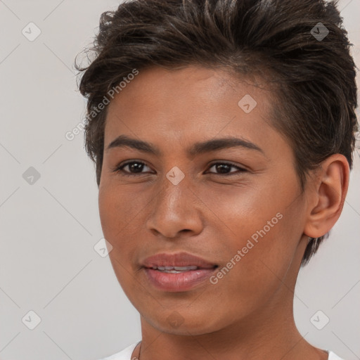 Joyful white young-adult female with short  brown hair and brown eyes