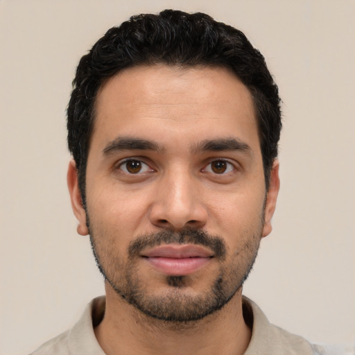 Neutral white young-adult male with short  black hair and brown eyes