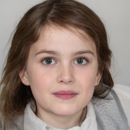 Neutral white child female with medium  brown hair and grey eyes