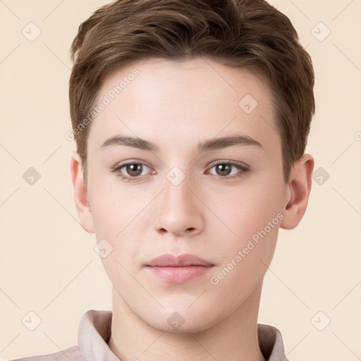 Neutral white young-adult female with short  brown hair and brown eyes