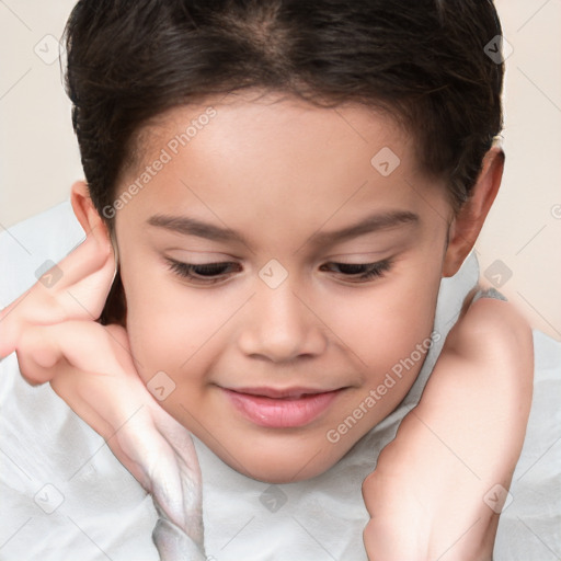 Joyful white child female with short  brown hair and brown eyes