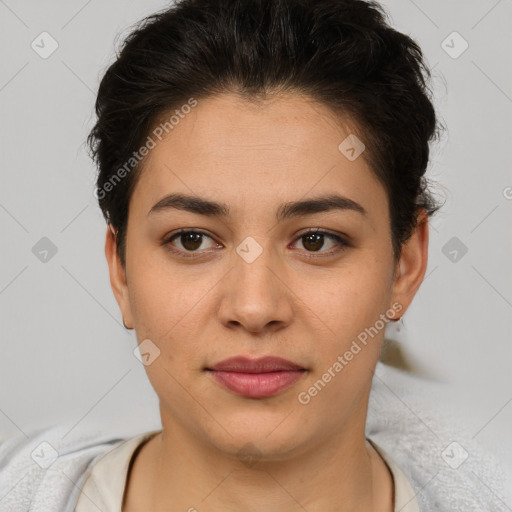 Joyful asian young-adult female with short  brown hair and brown eyes