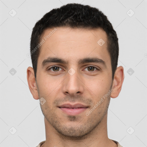 Neutral white young-adult male with short  brown hair and brown eyes