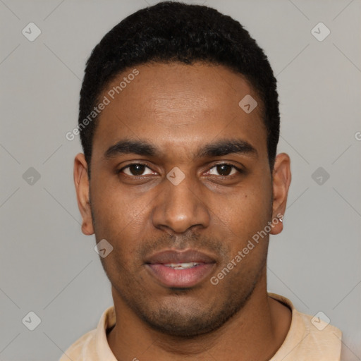 Neutral black young-adult male with short  black hair and brown eyes