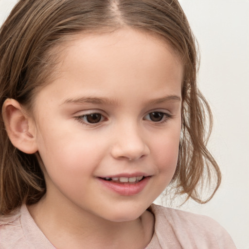 Joyful white child female with medium  brown hair and brown eyes