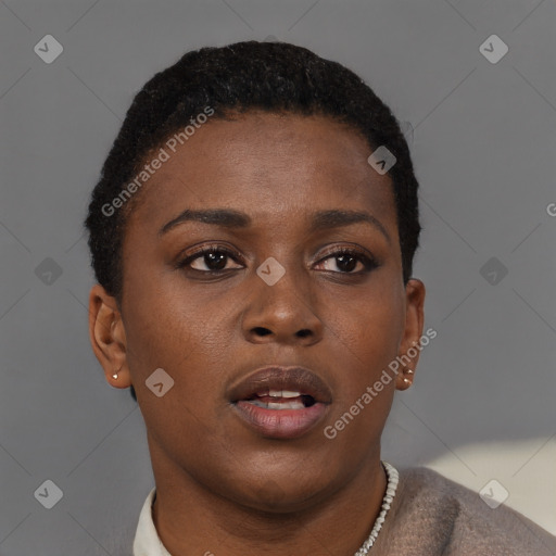 Neutral black young-adult female with short  brown hair and brown eyes