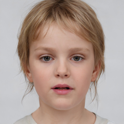 Neutral white child female with medium  brown hair and grey eyes