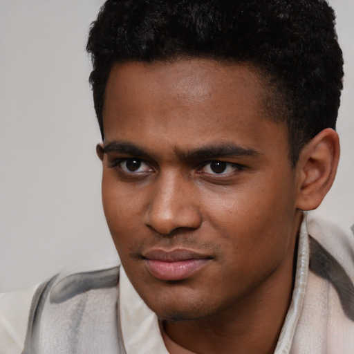 Neutral latino young-adult male with short  brown hair and brown eyes