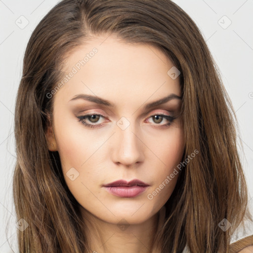 Neutral white young-adult female with long  brown hair and brown eyes