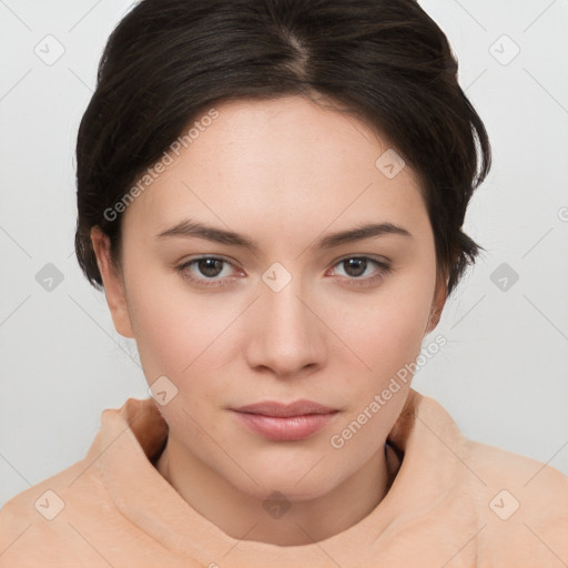 Neutral white young-adult female with medium  brown hair and brown eyes