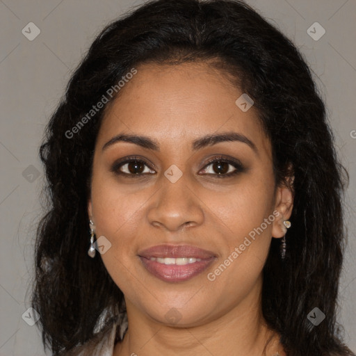 Joyful black young-adult female with long  brown hair and brown eyes