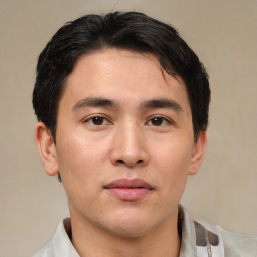 Neutral asian young-adult male with short  brown hair and brown eyes