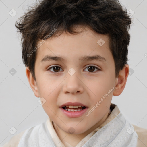 Joyful white child male with short  brown hair and brown eyes