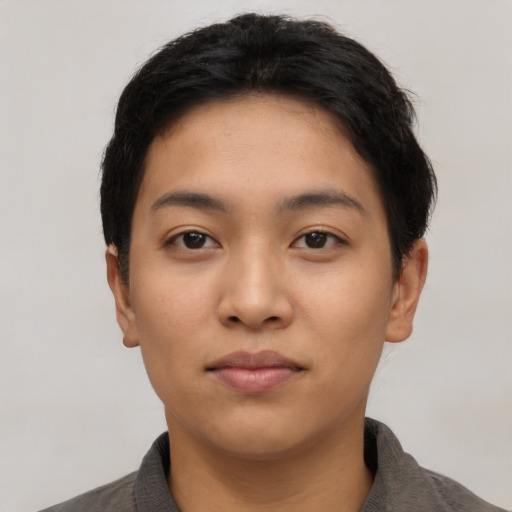 Neutral asian young-adult female with short  black hair and brown eyes