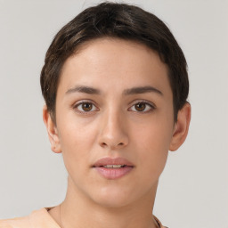 Neutral white young-adult female with short  brown hair and brown eyes