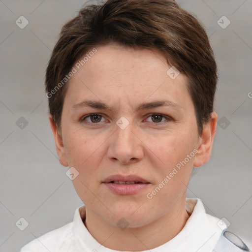 Joyful white young-adult female with short  brown hair and grey eyes