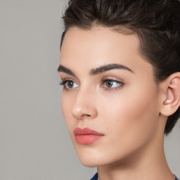 Neutral white young-adult female with short  brown hair and brown eyes