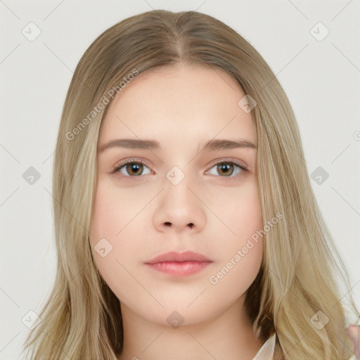 Neutral white young-adult female with long  brown hair and brown eyes