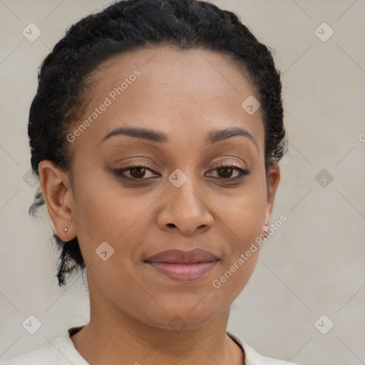 Joyful latino young-adult female with short  brown hair and brown eyes