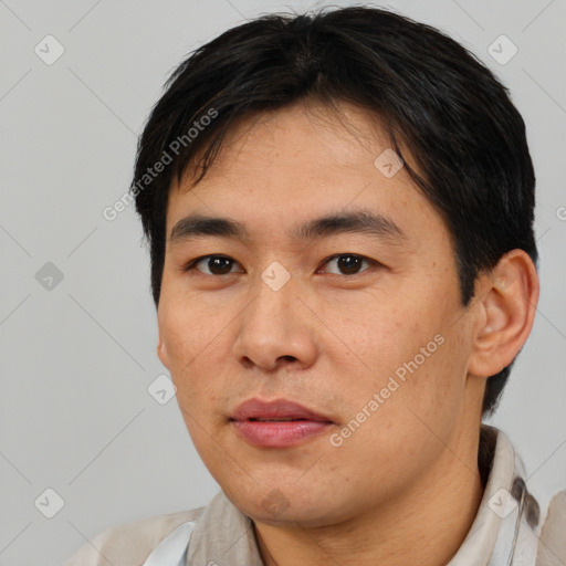 Neutral asian young-adult male with short  brown hair and brown eyes