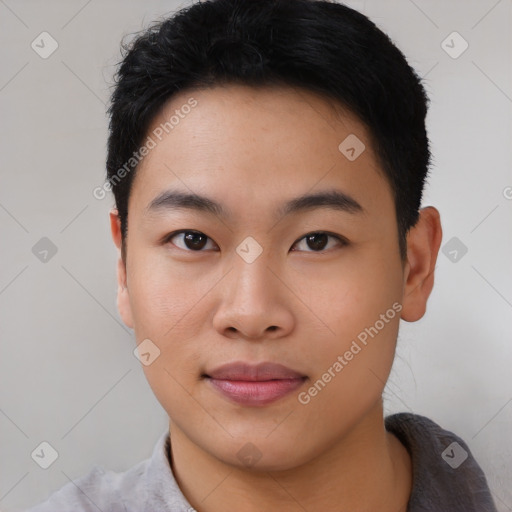 Neutral asian young-adult male with short  black hair and brown eyes