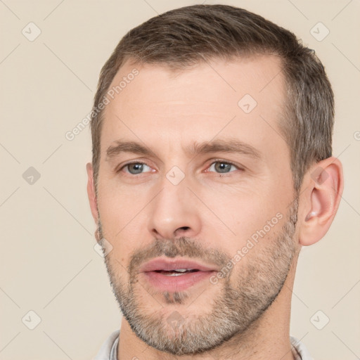 Neutral white adult male with short  brown hair and brown eyes