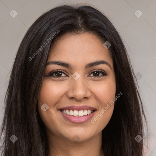 Joyful white young-adult female with long  brown hair and brown eyes