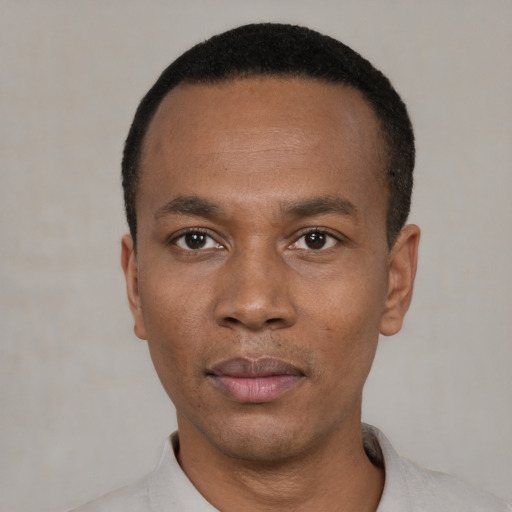 Neutral black young-adult male with short  black hair and brown eyes
