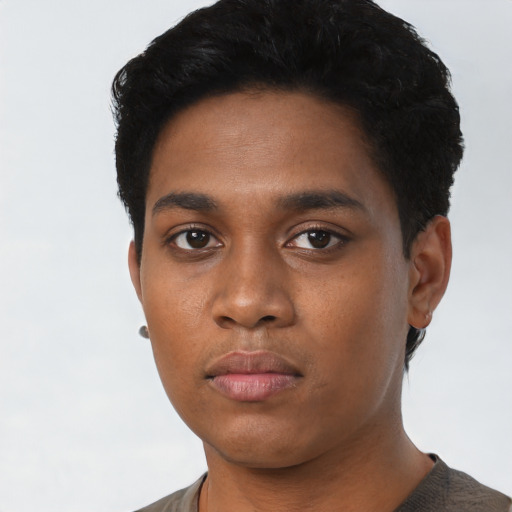 Neutral black young-adult male with short  black hair and brown eyes