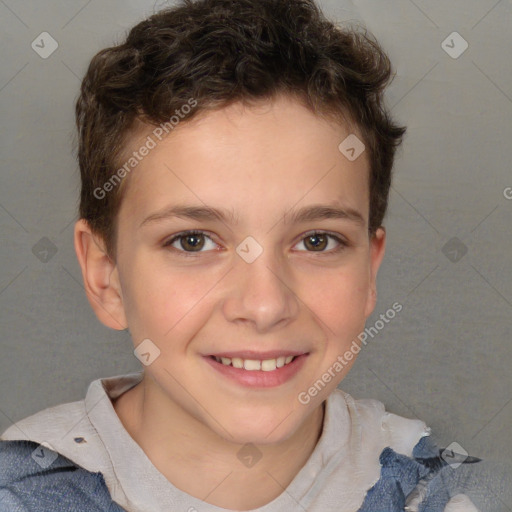 Joyful white child male with short  brown hair and brown eyes