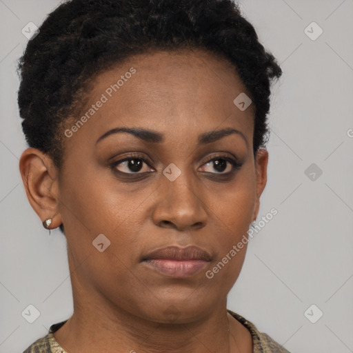 Neutral black young-adult female with short  brown hair and brown eyes