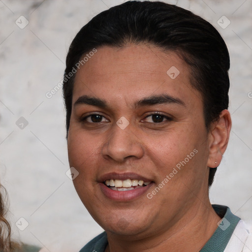 Joyful white young-adult female with short  brown hair and brown eyes