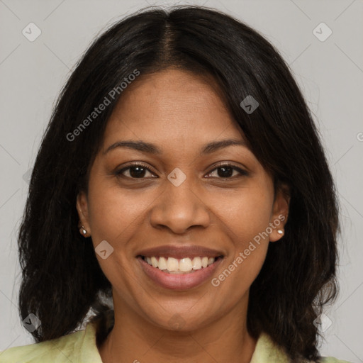 Joyful black young-adult female with medium  brown hair and brown eyes