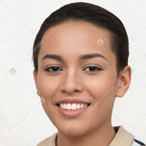 Joyful latino young-adult female with short  brown hair and brown eyes