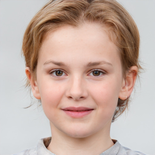 Joyful white child female with medium  brown hair and grey eyes