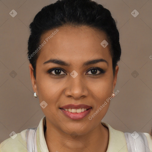 Joyful latino young-adult female with short  black hair and brown eyes