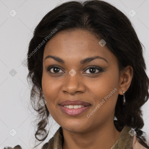 Joyful black young-adult female with long  brown hair and brown eyes