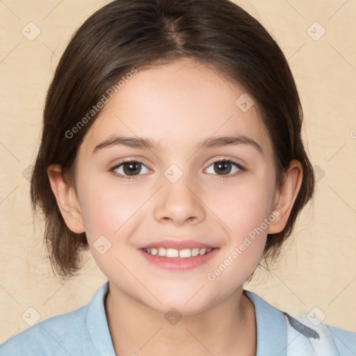 Joyful white child female with medium  brown hair and brown eyes