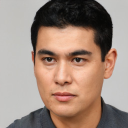 Neutral asian young-adult male with short  black hair and brown eyes