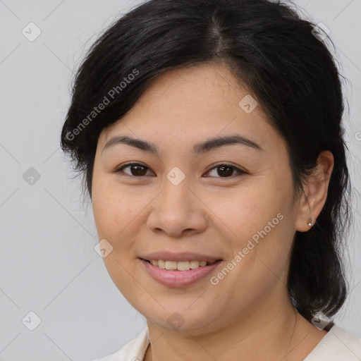 Joyful white young-adult female with medium  brown hair and brown eyes