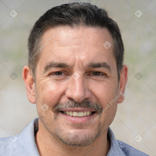 Joyful white adult male with short  brown hair and brown eyes