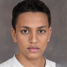 Neutral white young-adult female with short  brown hair and brown eyes