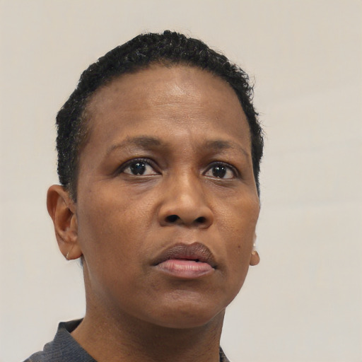 Neutral black adult female with short  brown hair and brown eyes