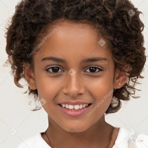 Joyful white child female with medium  brown hair and brown eyes