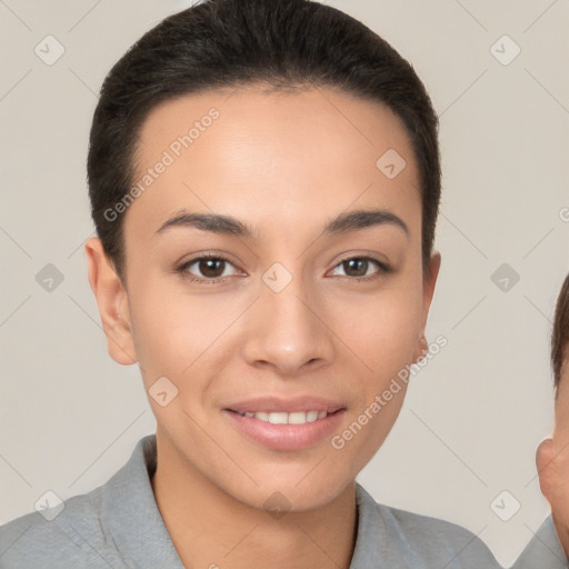 Joyful white young-adult female with short  brown hair and brown eyes