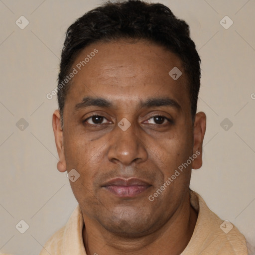 Neutral black adult male with short  black hair and brown eyes