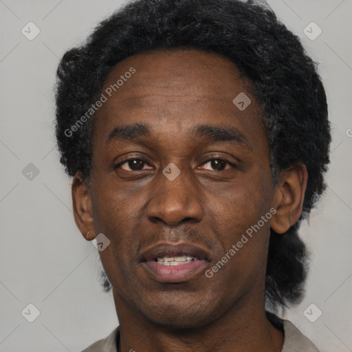 Neutral black adult male with short  black hair and brown eyes