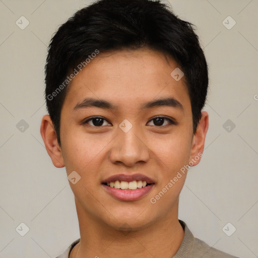 Joyful asian young-adult male with short  black hair and brown eyes