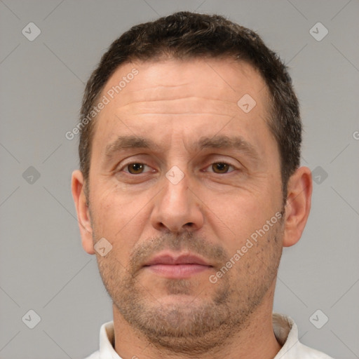 Neutral white adult male with short  brown hair and brown eyes